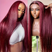High Temperature Resistant Burgundy Long Straight Lace Non-toxic Wig, Pre-dial Hairline, Non-adhesive, Heat-resistant Synthetic Fiber, Burgundy Lace Wig