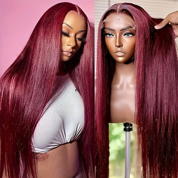 High Temperature Resistant Burgundy Long Straight Lace Non-toxic Wig, Pre-dial Hairline, Non-adhesive, Heat-resistant Synthetic Fiber, Burgundy Lace Wig