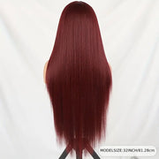 High Temperature Resistant Burgundy Long Straight Lace Non-toxic Wig, Pre-dial Hairline, Non-adhesive, Heat-resistant Synthetic Fiber, Burgundy Lace Wig