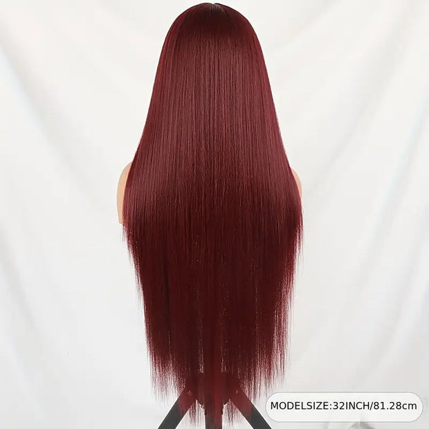 High Temperature Resistant Burgundy Long Straight Lace Non-toxic Wig, Pre-dial Hairline, Non-adhesive, Heat-resistant Synthetic Fiber, Burgundy Lace Wig