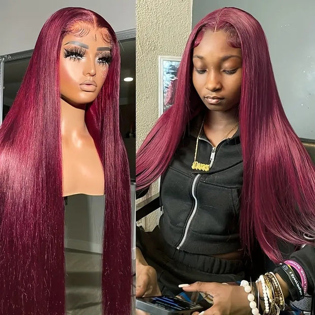 High Temperature Resistant Burgundy Long Straight Lace Non-toxic Wig, Pre-dial Hairline, Non-adhesive, Heat-resistant Synthetic Fiber, Burgundy Lace Wig